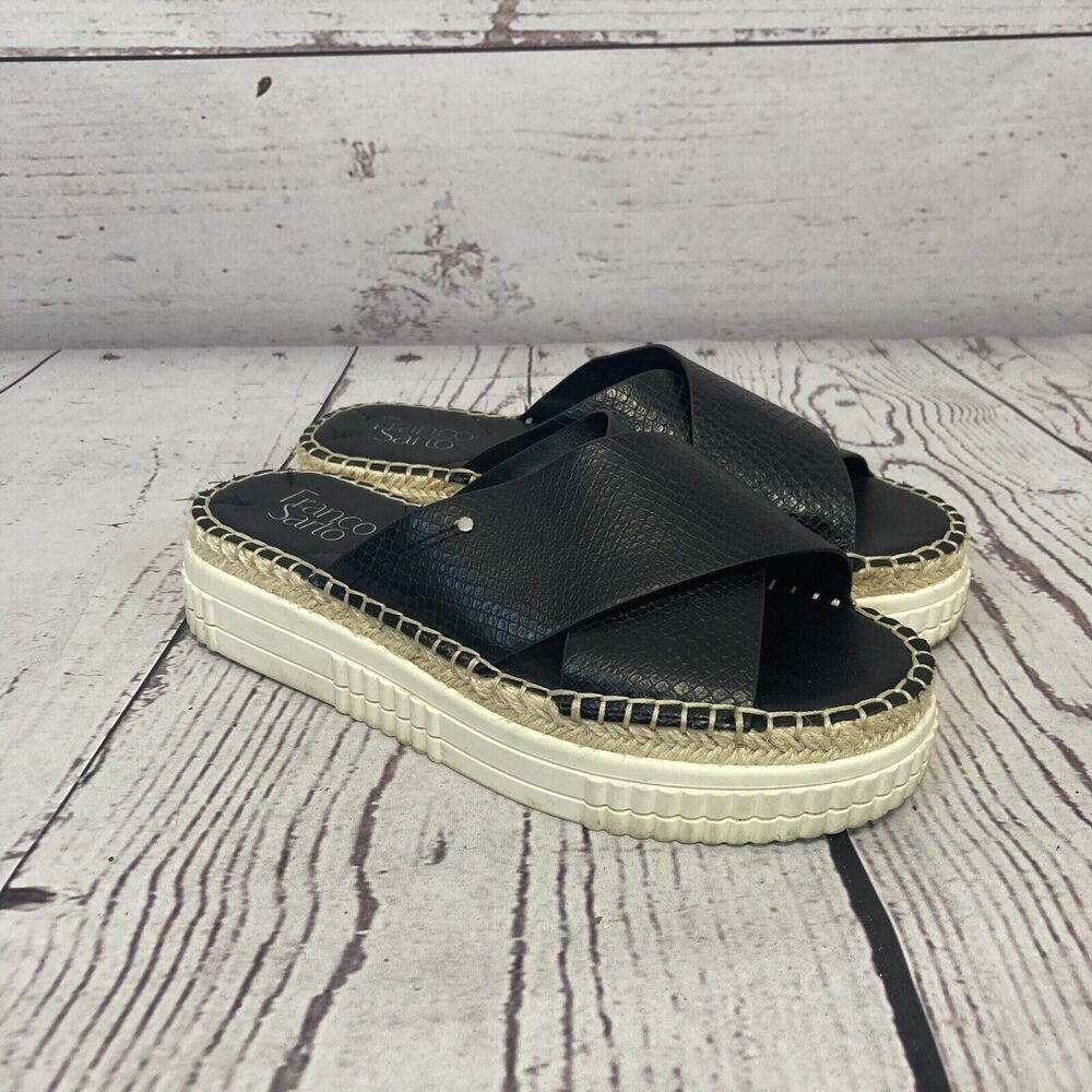 Franco Sarto Sandals Womens 7.5 Black Barb Chunky Espadrille Platform Slip On